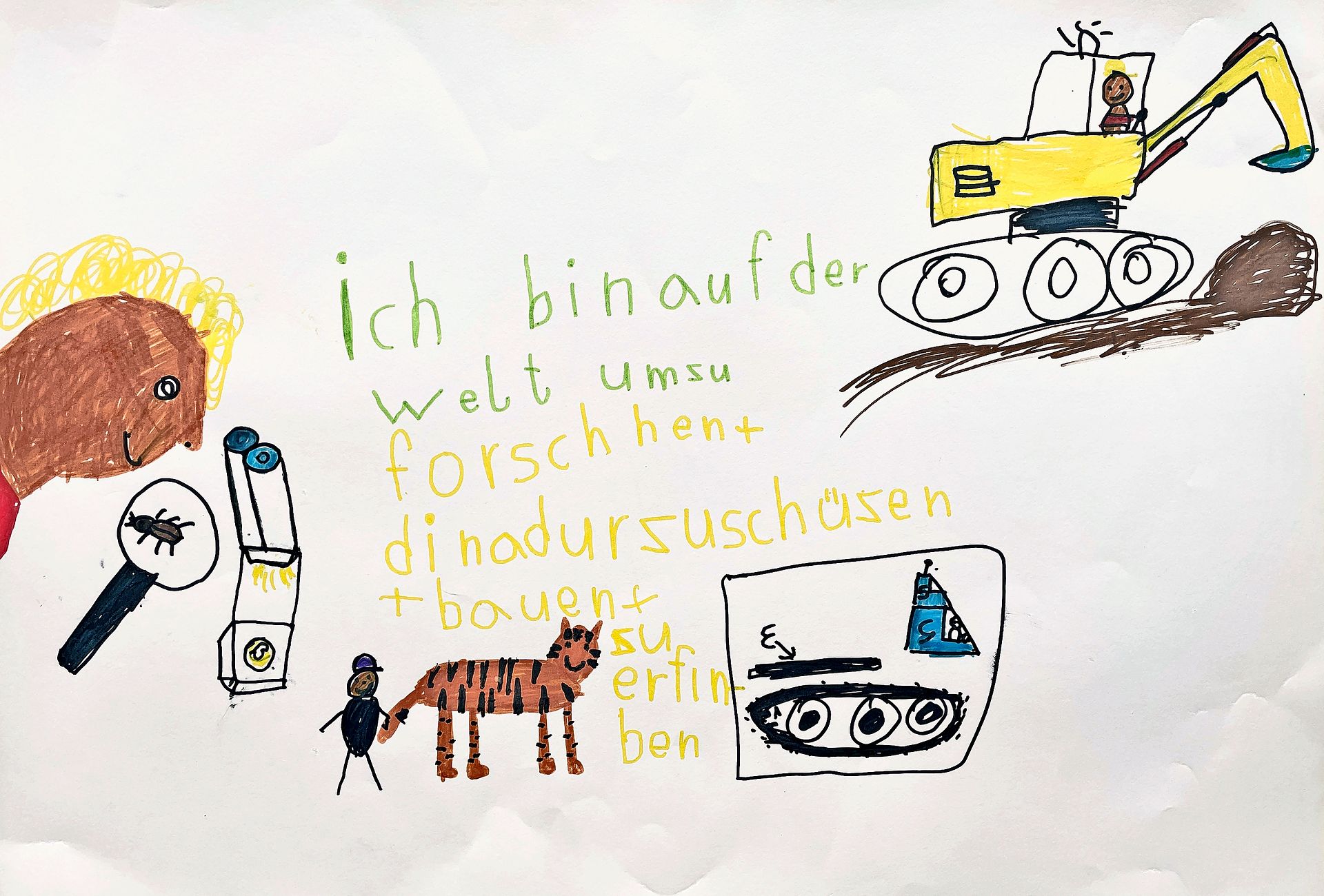 Kinderzeichnung mit Bagger, Mikroskop und Katze. Text in fehlerhafter Rechtschreibung: "Ich bin auf der Welt umzu forschen und di Nadur zu schüzen und bauen und zu erfinben.