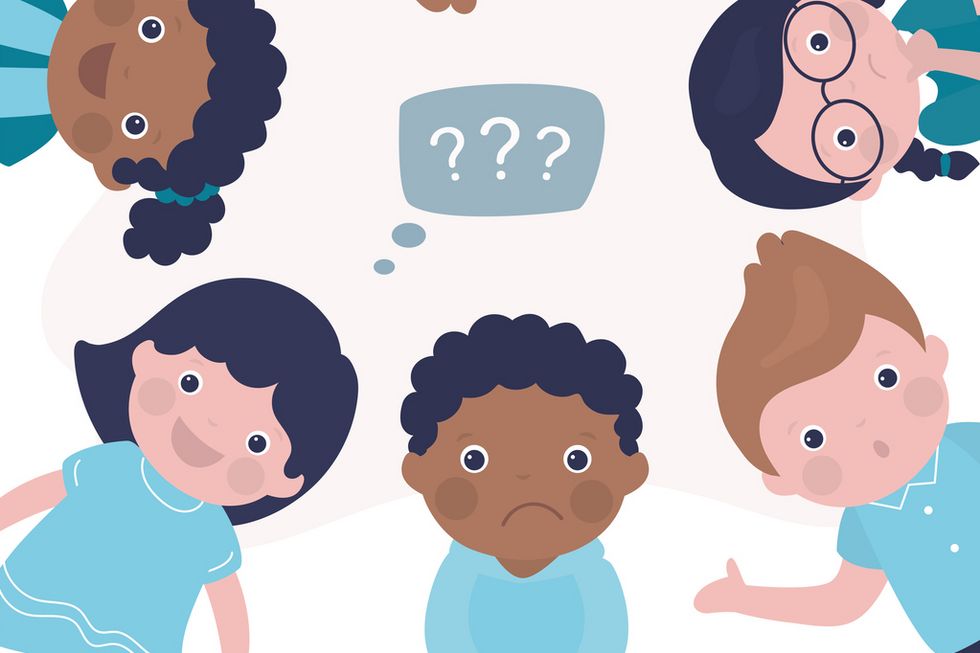 Schulkinder verschiedener Herkunft in unterschiedlichen Stimmungen.