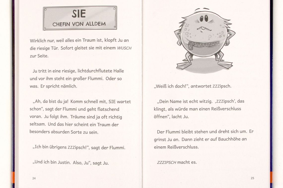 Zwei Buchseiten mit kurzen Abschnitten und einer Illustration.