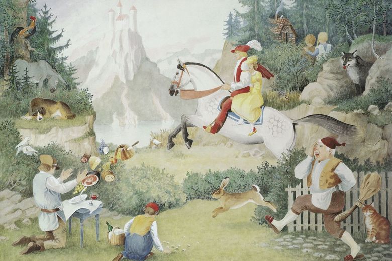 Abbildungen mehrerer Figuren verschiedener Märchen wie Hänsel und Gretel oder Rotkäppchen.