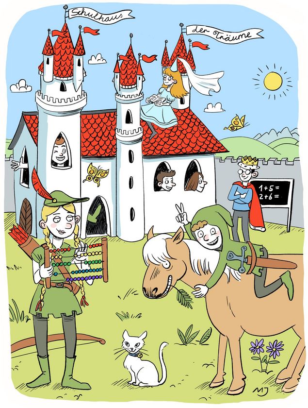 Der Cartoon zeigt ein Schloss mit einer Prinzessin und einem König. Im Vordergrund steht ein Mädchen im Robin-Hood-Look und ein Junge reitet auf einem Pferd. Das Schloss soll eine Traumschule symbolisieren.