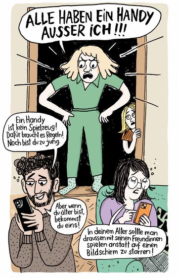 Ein Mädchen steht im Wohnzimmer und brüllt ihre Eltern an, die mit ihrem Telefon beschäftigt sind: "Alle haben ein Handy ausser ich!"