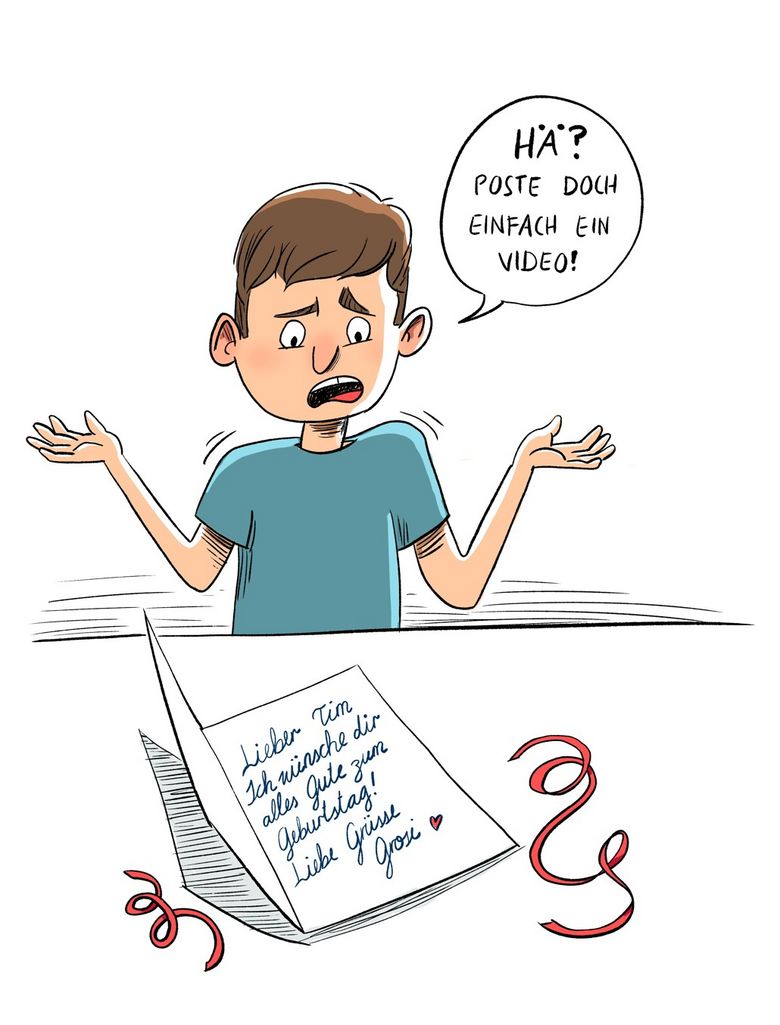 Cartoon mit Junge, der Handschrift nicht versteht.