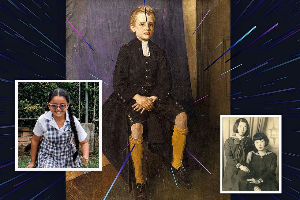 Kinder in Schuluniformen aus verschiedenen Zeiten und Ländern. 