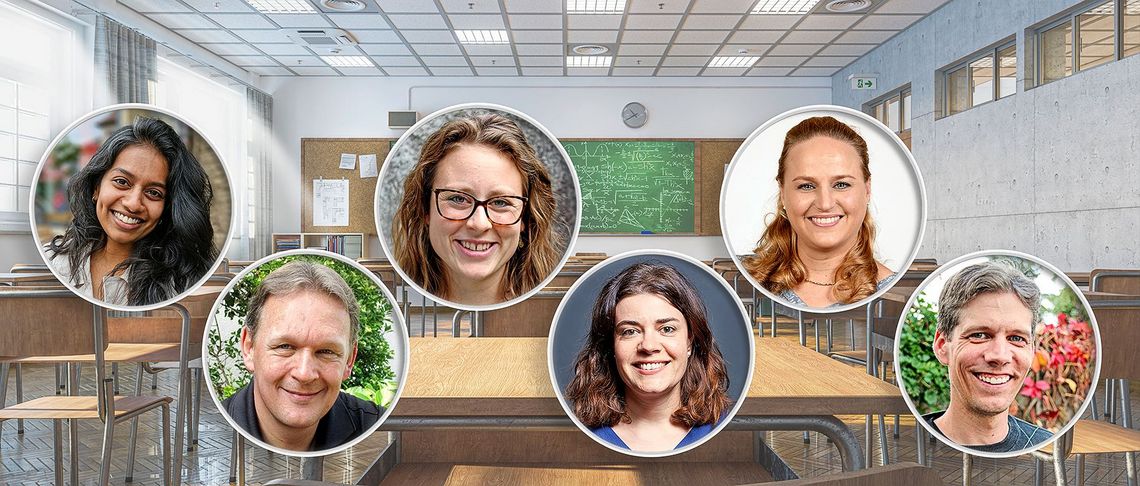 Fünf Porträtfotos. Im Hintergrund sieht man ein Klassenzimmer.