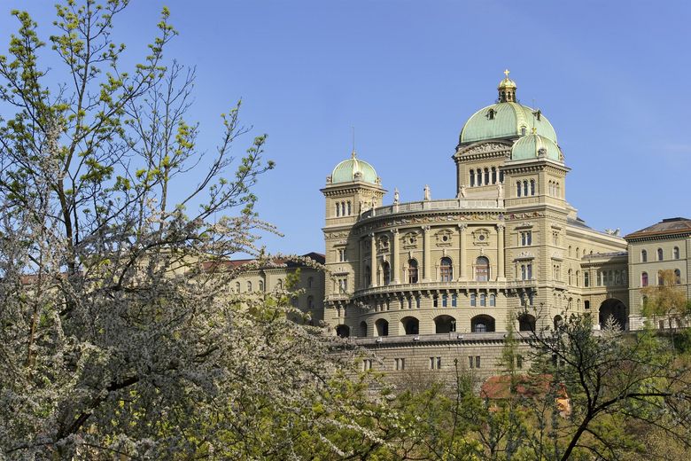 Bundeshaus im Frühling Das Bundeshaus ist neben blühenden Bäumen im Frühling abgebildet.