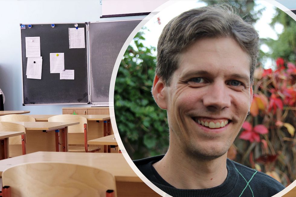 Fotomontage mit Porträt von Marc Suhr vor einer Wandtafel im Klassenzimmer.