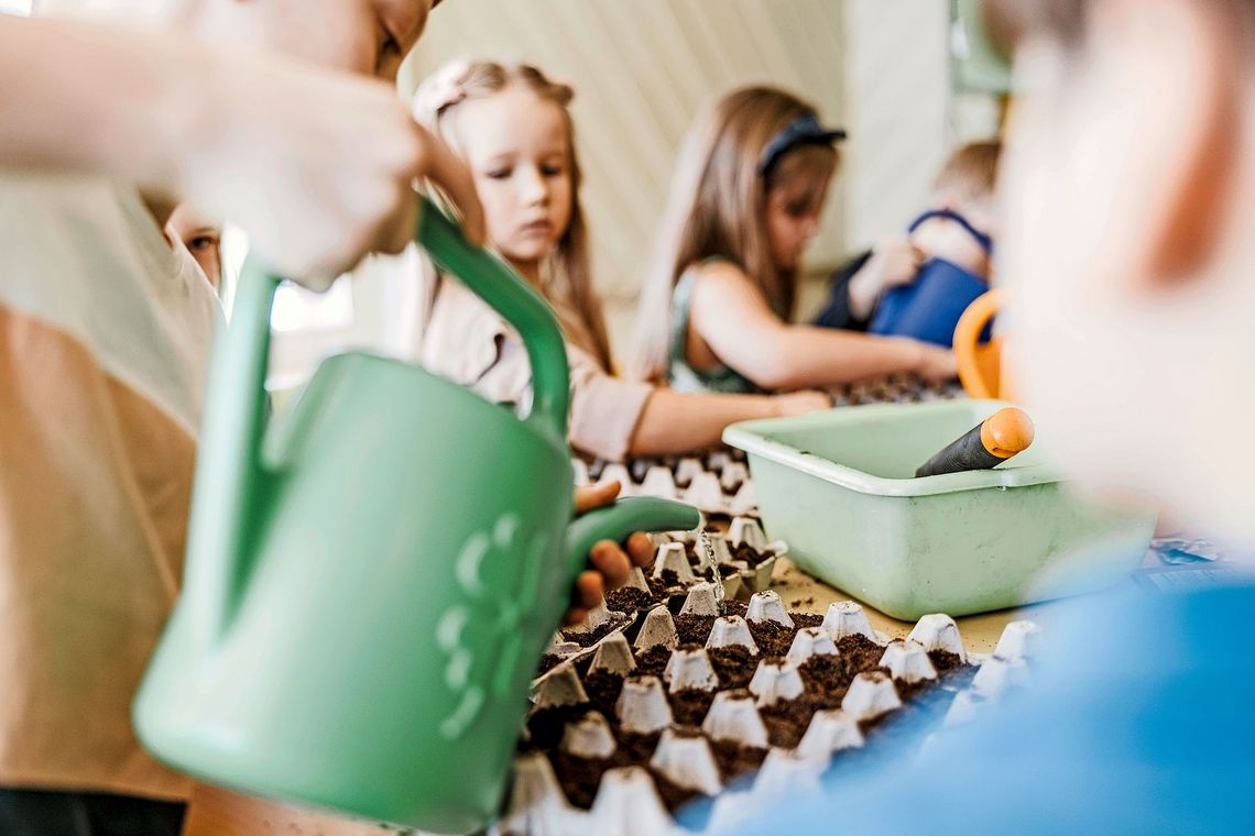 Kinder hantieren mit Giesskanne.