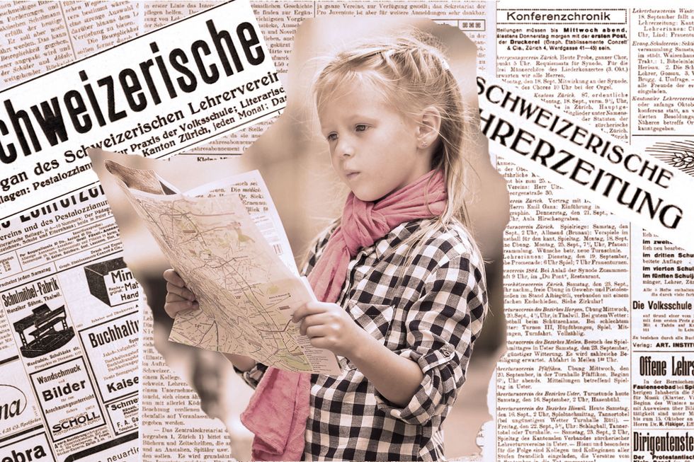 Zeitungscollage zeigt ein Mädchen, das eine Landkarte liest.