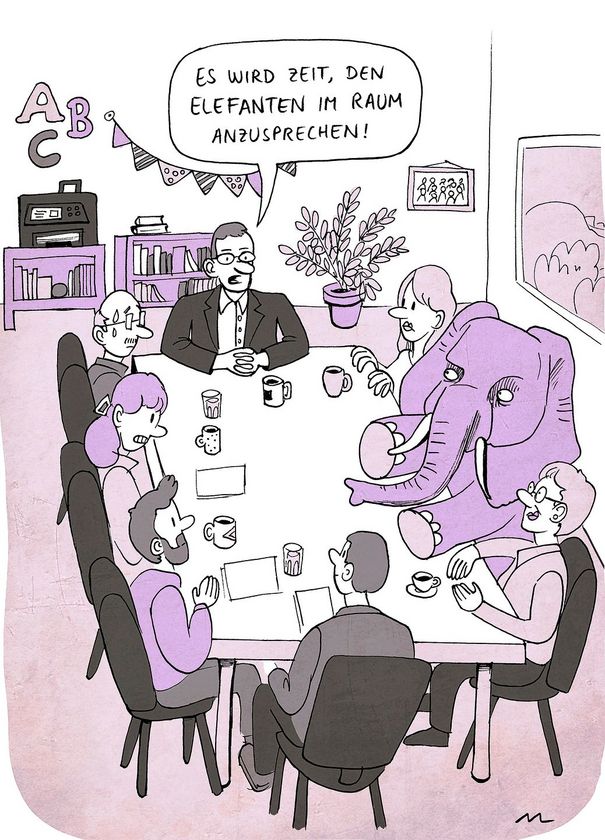 CARTOON: Sieben Menschen und ein Elefant sitzen im Lehrerzimmer. Der Sitzungsleiter sagt: "Es wird Zeit, den Elefanten im Raum anzusprechen."