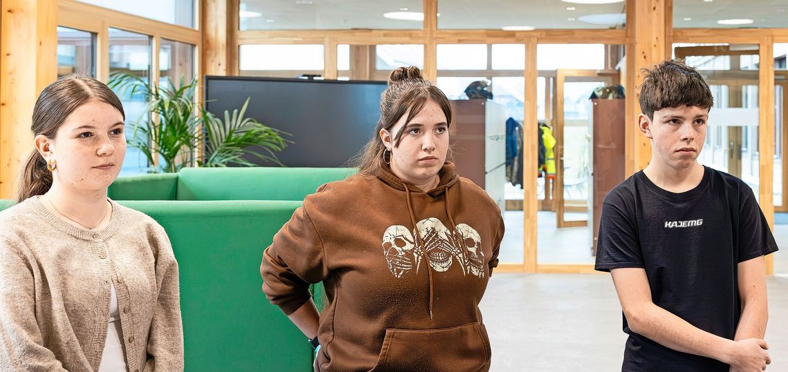 Zwei Schülerinnen und ein Schüler im jugendlichen Alter blicken zu ihrem Gesprächspartner (nicht sichtbar).