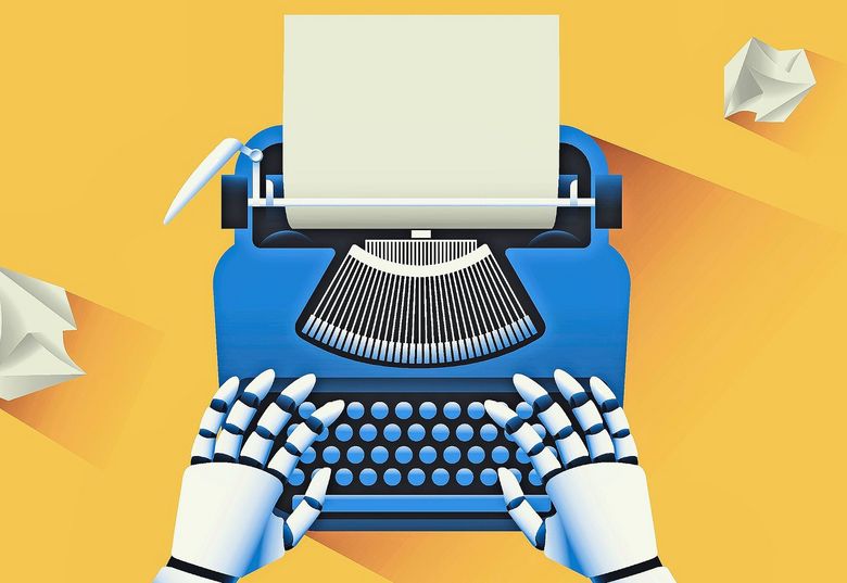 lllustration von Roboterhänden, die auf einer Schreibmaschine tippen.