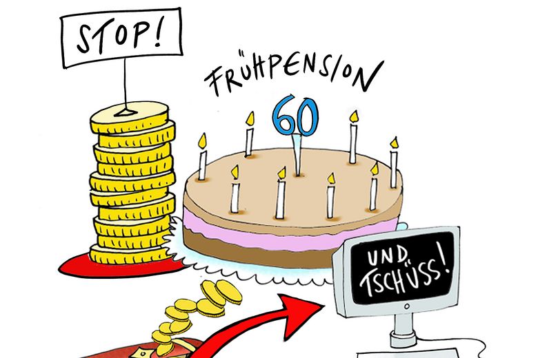 Zeichnung: Aus einer Schatztruhe namens Pensionskasse entweicht Geld zu einem Computer, der sich in die Frühpension verabschiedet.