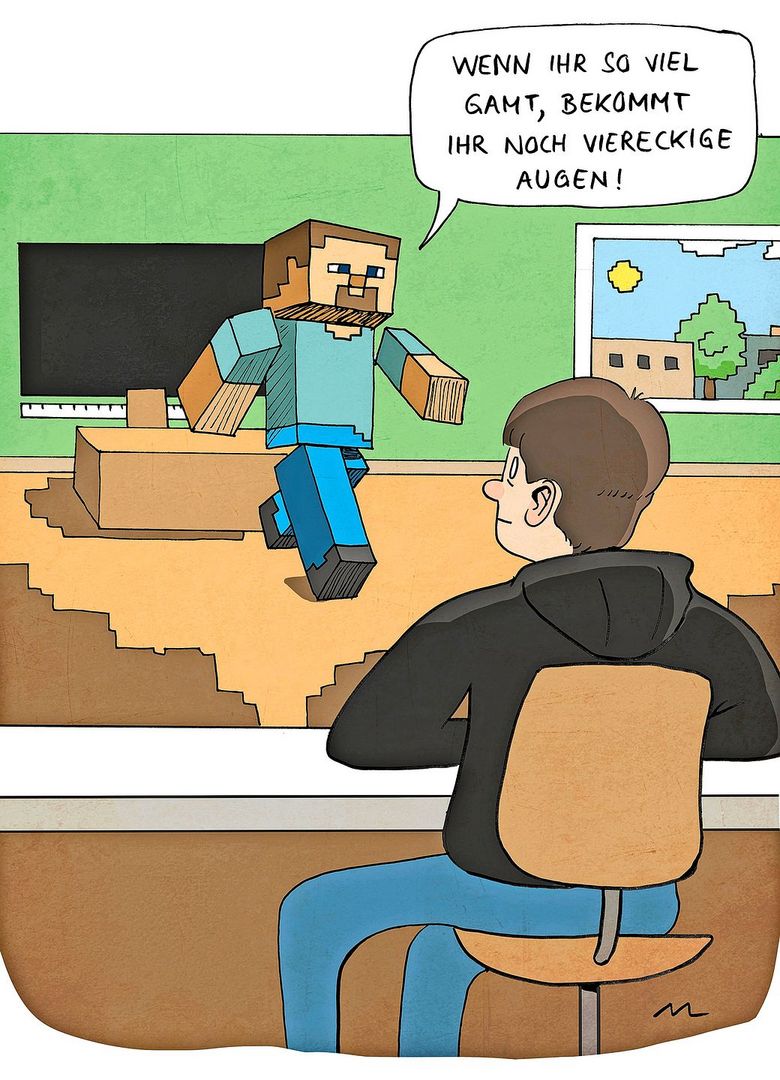 Ein Lehrer, der aussieht wie eine Computerfigur, warnt den Schüler, dass er vom Gamen noch viereckige Augen bekommt.