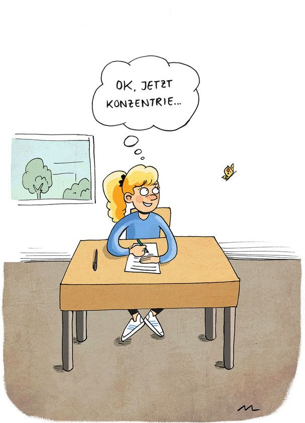 Der Cartoon zeigt ein Mädchen, das an einem Tisch sitzt und ein Blatt Papier vor sich liegen hat. Es will sich konzentrieren, wird aber von einem Schmetterling abgelenkt.
