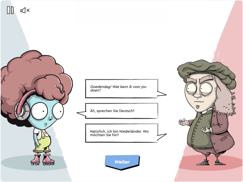 Screenshot aus dem Lernspiel «uiivit» Screenshot aus dem Lernspiel «uiivit». Es zeigt einen Dialog zwischen einem Schüler und einem Zeitzeugen aus den Niederlanden.