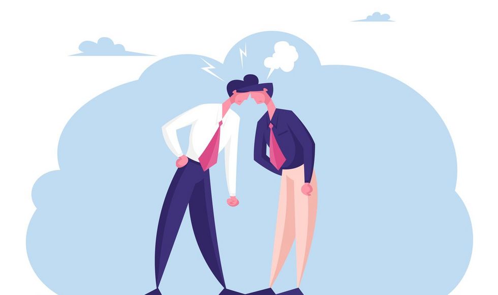 Two Business Men Enemies or Opponents Standing Head to Head Arguing and Staring at Each Other. Work Conflict Between Colleagues or Office Workers. Fight for Leadership Cartoon Flat Vector Illustration Zwei Figuren gehen auf einander los.