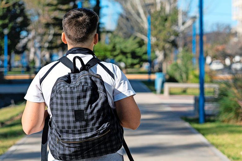 1415867608 Ein Junge mit Rucksack auf dem Rücken geht einem Weg entlang.
