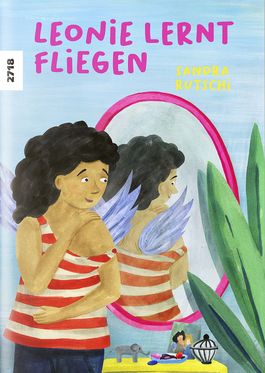 Zeichnung: Ein Mädchen steht vor einem Spiegel und betrachtet seinen Rücken, auf dem Flügelwachsen.