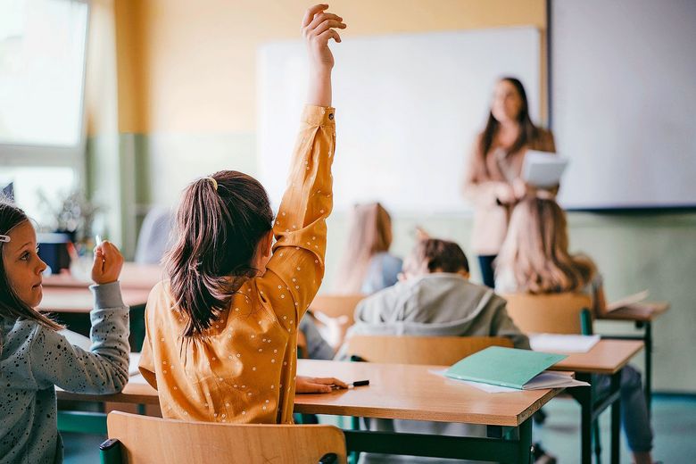 Eine Schülerin streckt im Unterricht die Hand auf.
