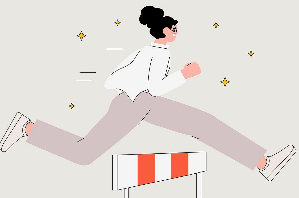 Zeichnung einer Person, die über eine Hürde springt.