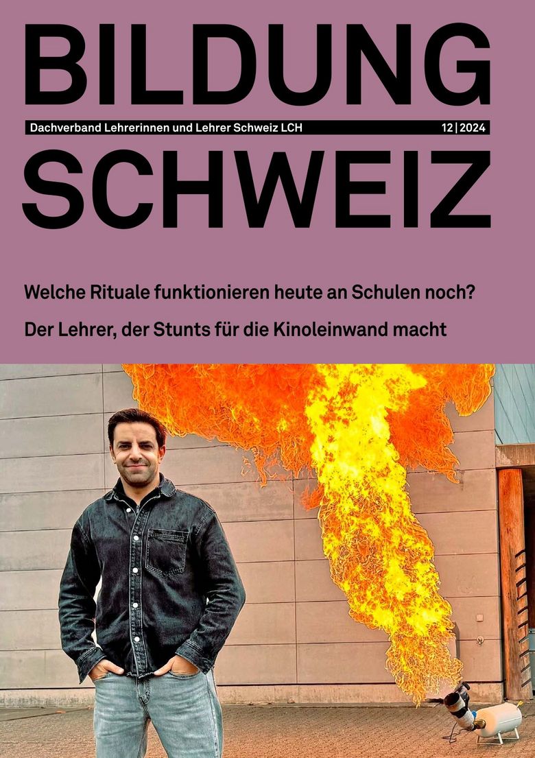 Das Cover der 12. Ausgabe 2024 von Bildung Schweiz zeigt einen Mann, hinter dem aus einer Gasflasche ein Feuerball aufsteigt.