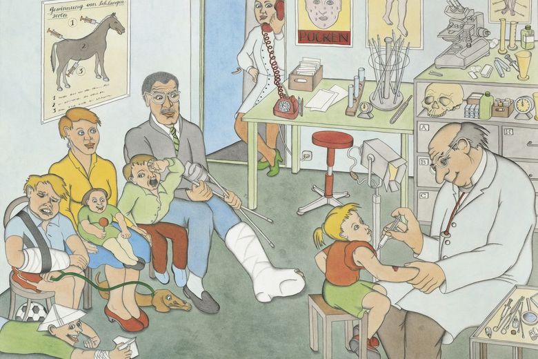 Gemaltes Bild eines Arztes, der einem Mädchen eine Spritze gibt. Im Hintergrund sitzen Erwachsene und Kinder, die zum Teil Verbände und Gipse tragen.
