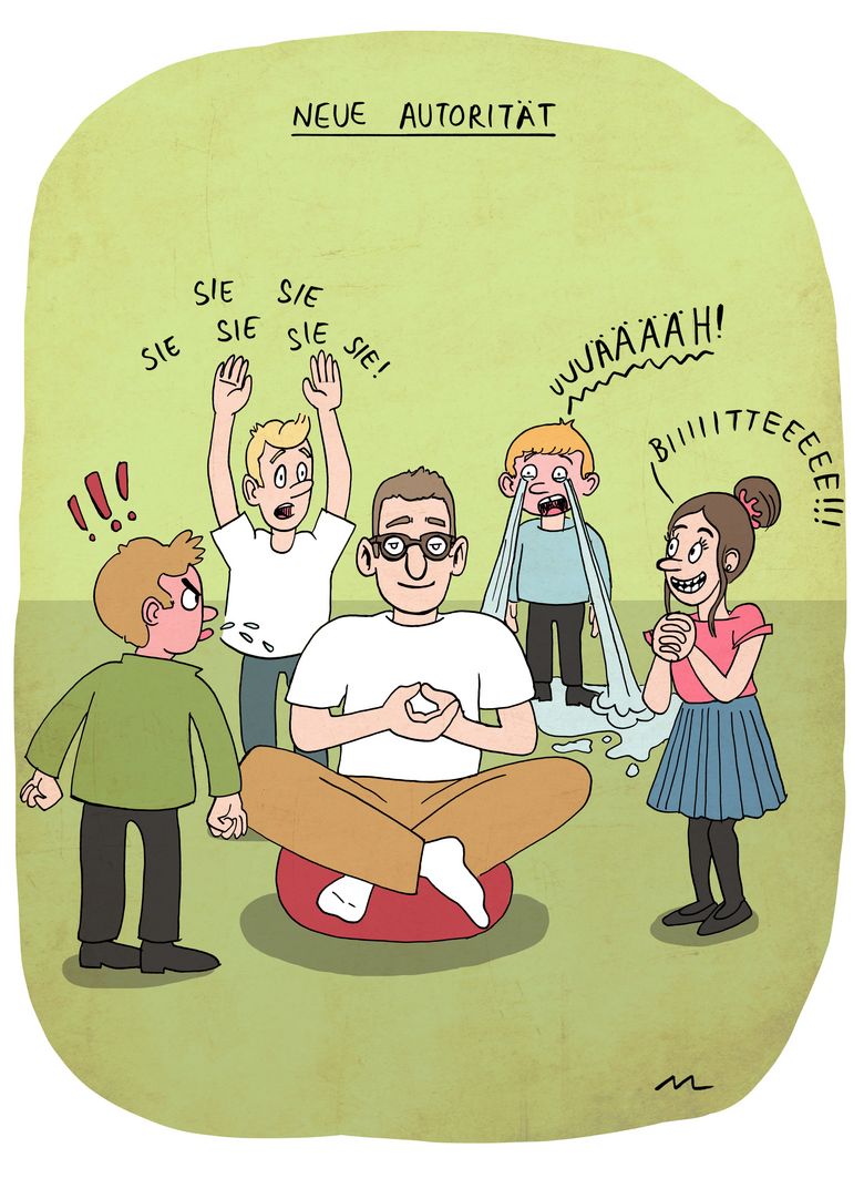 Cartoon, der vier weinende und schreiende Kinder zeigt. Sie umringen eine erwachsene Person, die am Boden sitzt und entspannt wirkt.