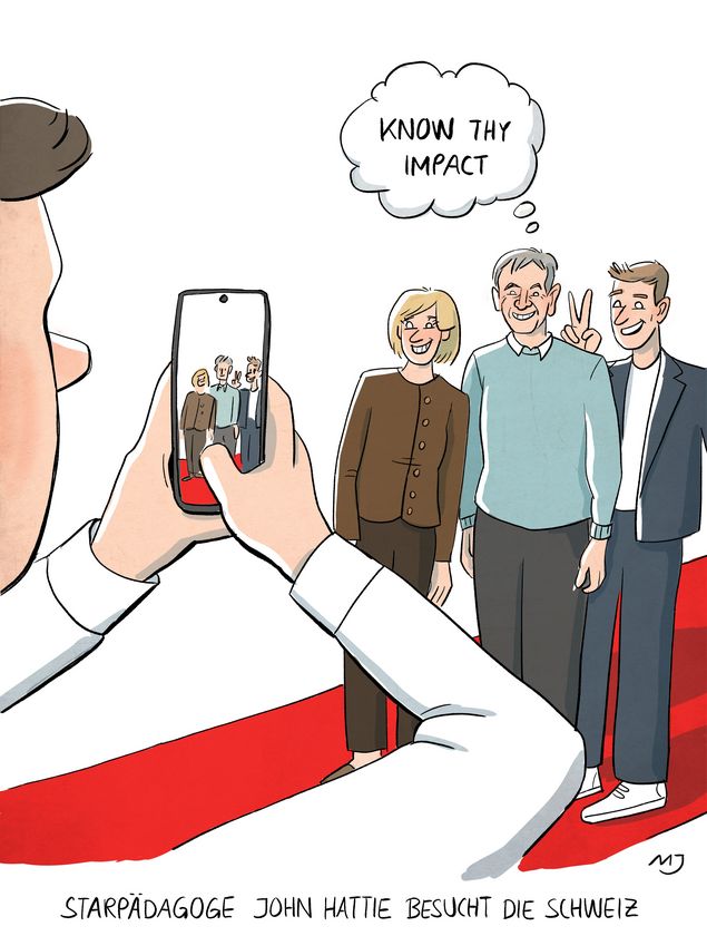 Ein Cartoon zeigt, wie ein Foto von Pädagoge John Hattie und seinen Fans gemacht wird.