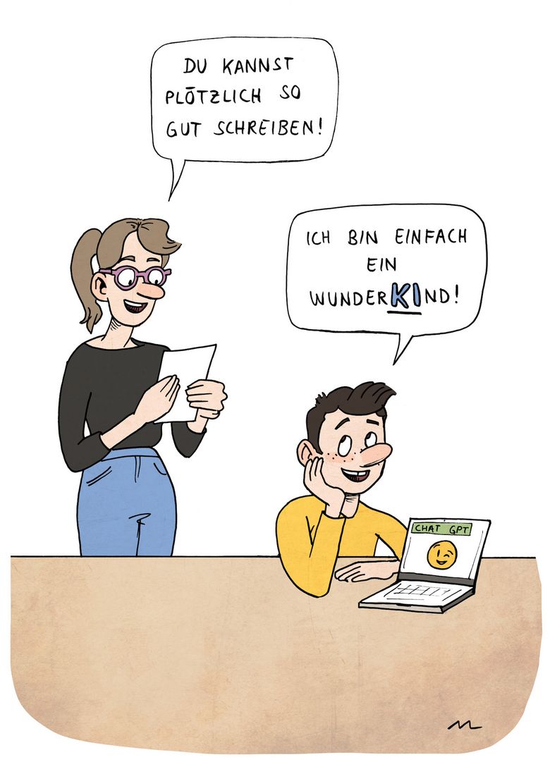 Ein Cartoon, auf dem eine Lehrerin einen Schüler für seine guten Aufsätze lobt. Der Schüler hat einen Laptop neben sich, auf dem ChatGPT geöffnet ist.