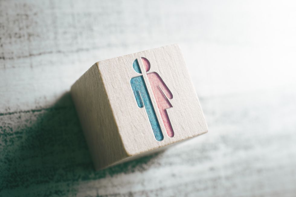 Gender Signs For Male And Female Cut In Half On A Wooden Block On A Table Würfel mit einer stilisierten Figur, die halb Mann und halb Frau ist.