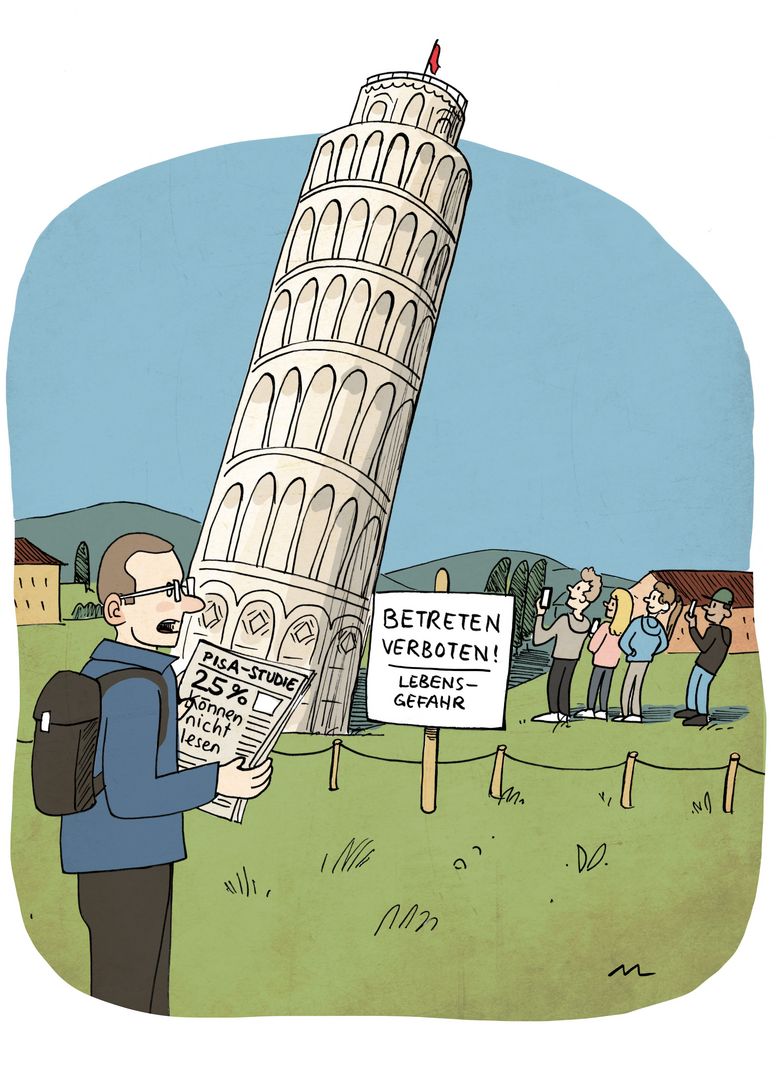 Eine Gruppe Jugendlicher steht vor dem schiefen Turm von Pisa. Die Teenager versuchen, den Turm zu fotografieren. Was sie nicht sehen: Neben dem Turm steht ein Schild mit der Aufschrift "Betreten Verboten - Lebensgefahr". Ein Tourist liest derweil eine Zeitung, deren Schlagzeile lautet: "Pisa-Studie: 25 Prozent können nicht lesen". 