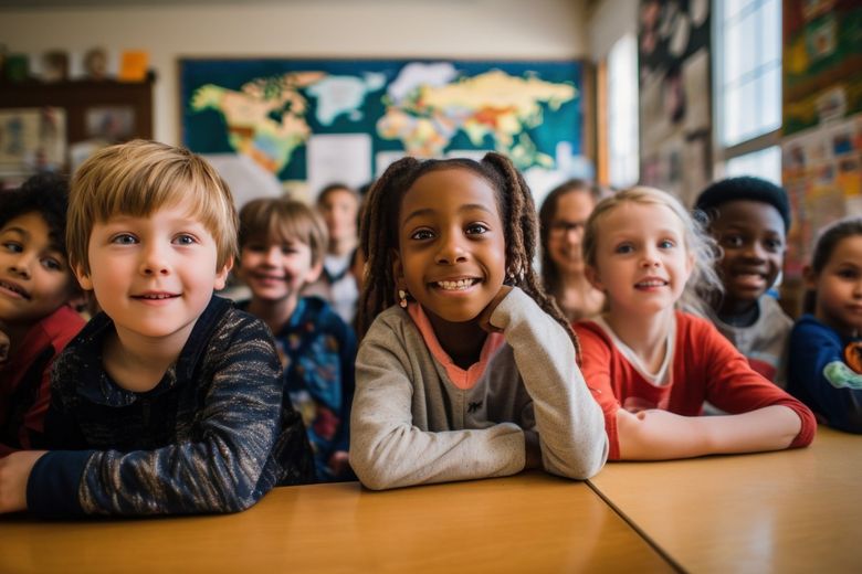 Kinder sitzen an Schulbänken und lachen in die Kamera.