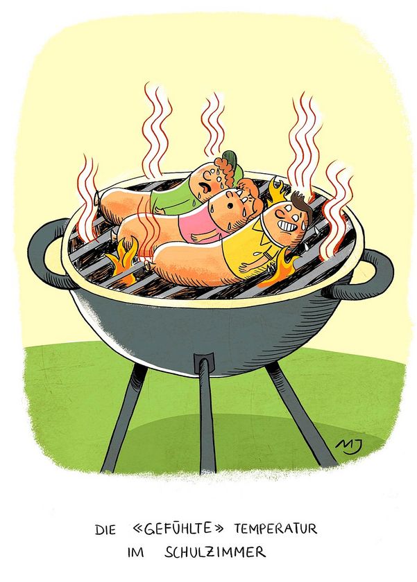 Cartoon: Auf einem Grill braten drei Würstchen mit Kindergesichtern in der Hitze.