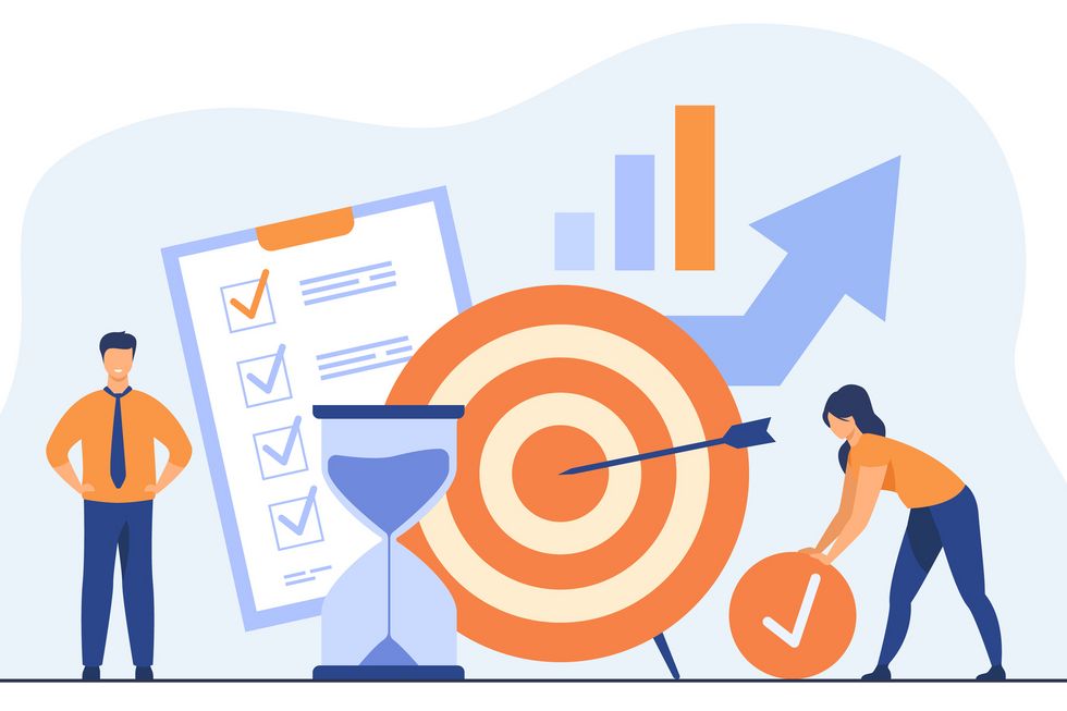 Illustration eines Teams mit Zielen, Listen und einer grossen Sanduhr.