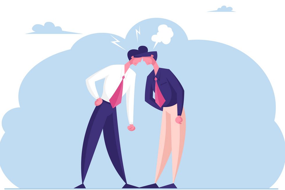 Two Business Men Enemies or Opponents Standing Head to Head Arguing and Staring at Each Other. Work Conflict Between Colleagues or Office Workers. Fight for Leadership Cartoon Flat Vector Illustration Zwei Figuren gehen auf einander los.