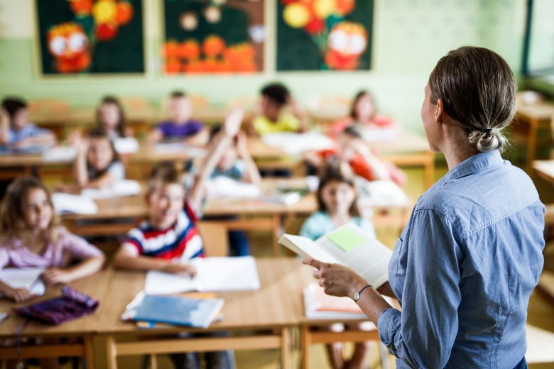 Rear view of a female elementary teacher giving a lesson in the classroom. Eine Lehrerin steht vor der Schulklasse.