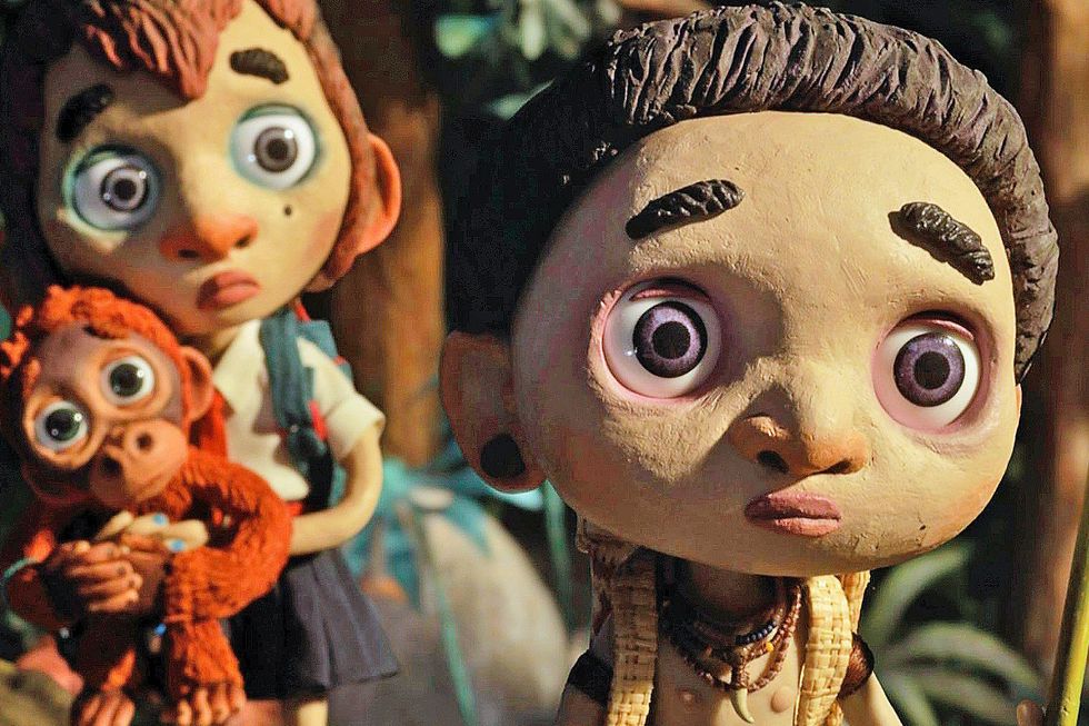 Animationsfilm: Zwei Menschen mit einem Äffchen.