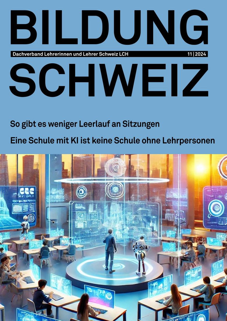 Das Titelbild der 11. Ausgabe 2024 von BILDUNG SCHWEIZ zeigt ein künstlich generiertes Bild, auf dem ein futuristisches Klassenzimmer gezeigt wird. Im Zentrum steht ein Mensch, der auf einer holografischen Wandtafel arbeitet, neben einem Roboter. Rundherum arbeiten Schülerinnen und Schüler an ihren Pulten. Im Hintergrund sind durch eine Fensterfront die Skyline einer Stadt und die untergehende Sonne zu sehen.