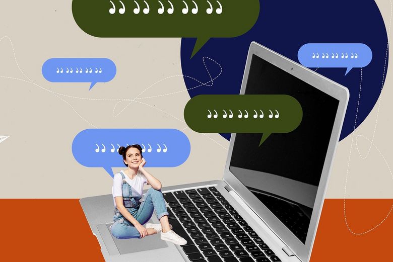 Die Bildcollage zeigt eine Frau, die auf einem Laptop sitzt. Rund um sie herum schwirren Zitate.