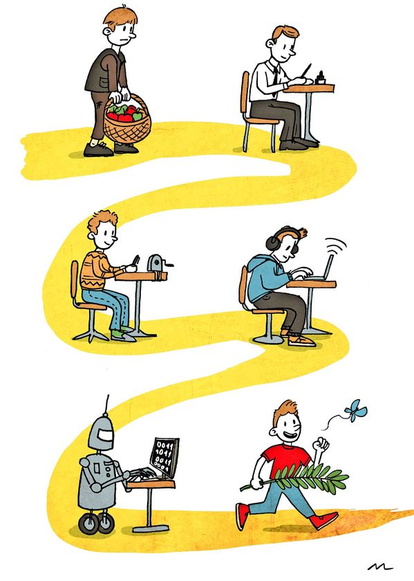 Cartoon über die Schulgeschichte vom Tintenfass bis zum Roboter.