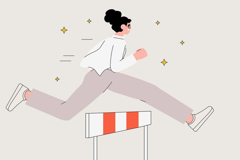 1990136903 Character overcome obstacles to succeed in her work concept. Obstacles or motivation to solve problem and lead company achievement, businesswoman jump over hurdle race obstacle vector illustration.