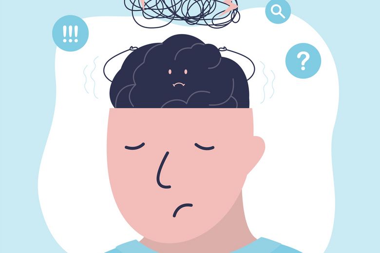 Comic mit Mann, der traurig ist, und eine Denkblase über seinem Kopf hat, in der Ausrufezeichen und Fragezeichen sind.