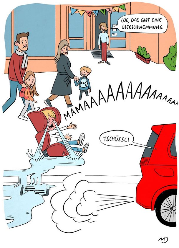 Der Cartoon zeigt, wie ein Kleinkind mitsamt Autorkindersitz vor dem Hort auf dem Trottoir abgesetzt wird.