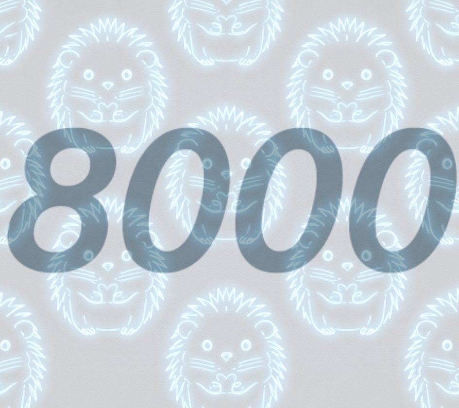 Auf dem Foto ist die Zahl 8000 zu sehen. Im Hintergrund leuchten blaue Igelfiguren.