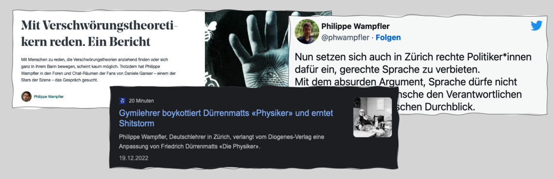 Screenshots eines Blogposts, eines Tweets und einer 20-Minuten-Schlagzeile von und über Philippe Wampfler.