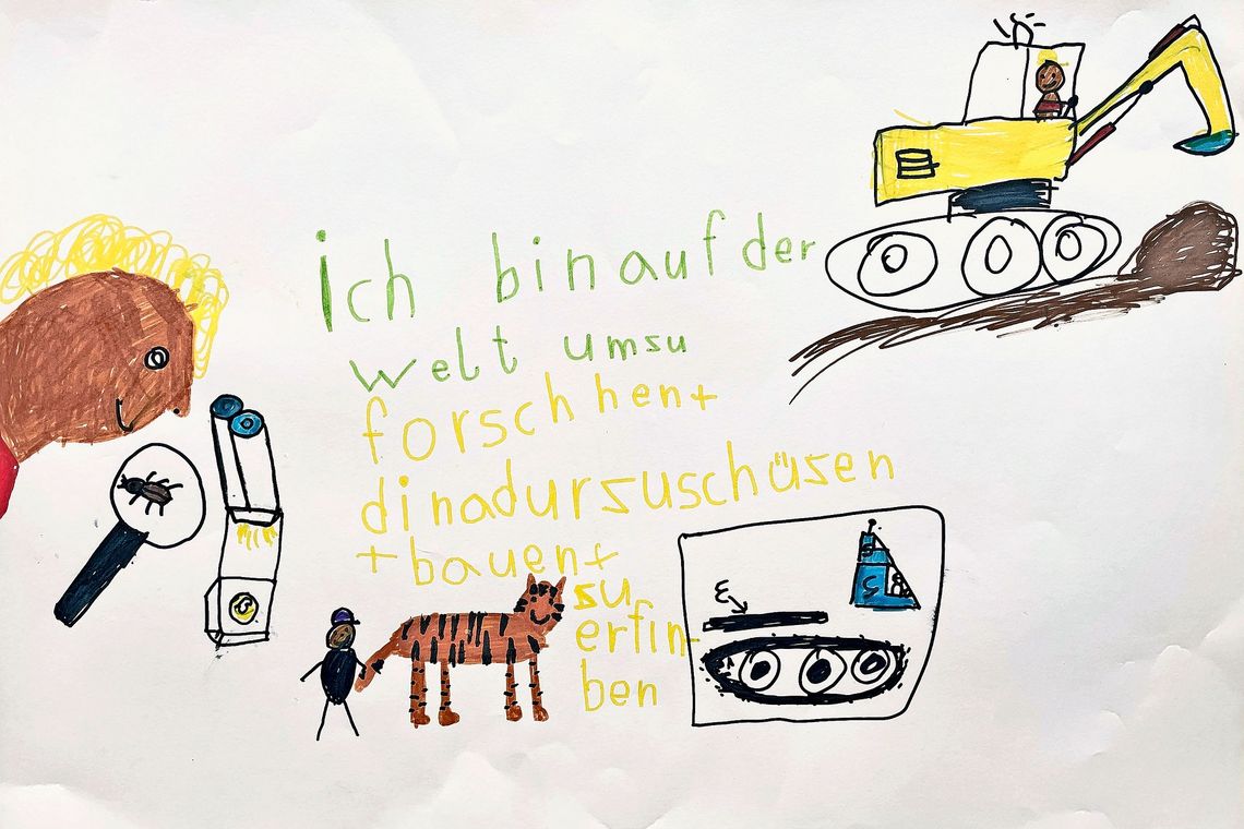Kinderzeichnung mit Bagger, Mikroskop und Katze. Text in fehlerhafter Rechtschreibung: "Ich bin auf der Welt umzu forschen und di Nadur zu schüzen und bauen und zu erfinben.