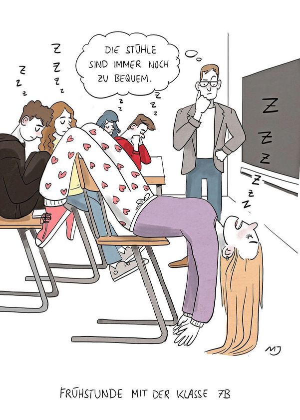 Cartoon: Im Klassenzimmr hängt ein Mädchen kopfüber schlafend auf ihrem Stuhl. 