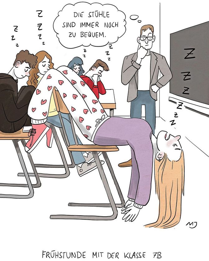 Cartoon: Im Klassenzimmr hängt ein Mädchen kopfüber schlafend auf ihrem Stuhl.