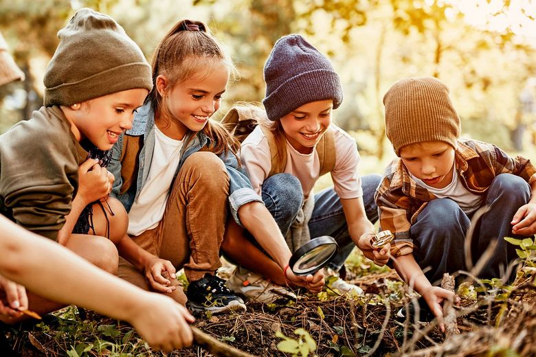 1337363646 Lächelnde Kinder kauern im Wald am Boden und untersuchen dort etwas.